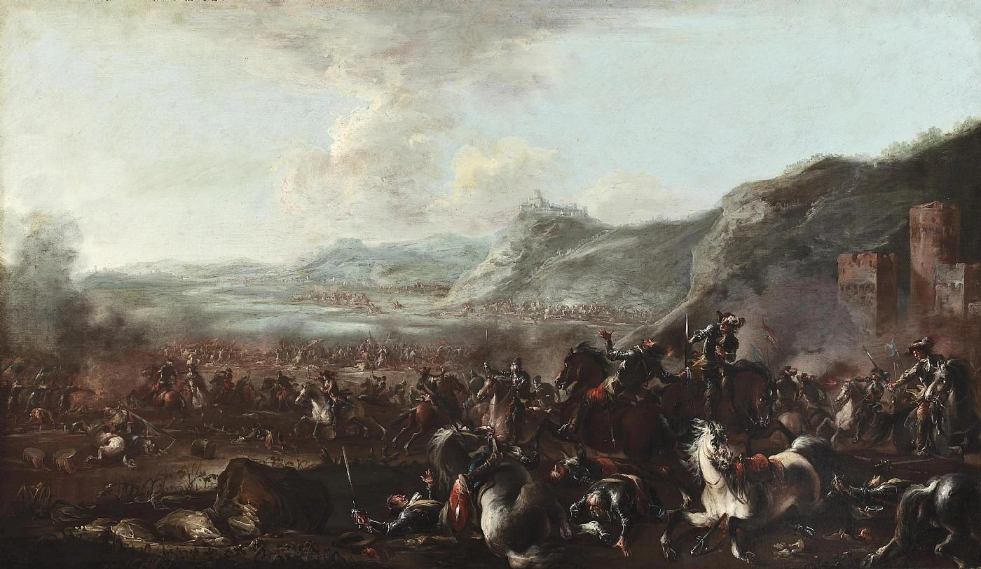 Battaglia equestre in una valle con colline e fortificazioni sulla destra